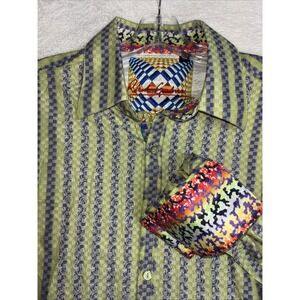 Robert Graham Dress Shirt XLGreen/purple Stripes Embroidered Flip Cuffs